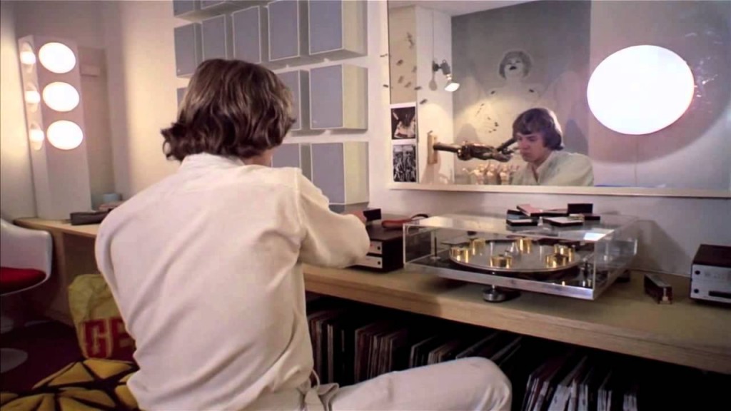 Alex's room with record player and speakers in Clockwork Orange