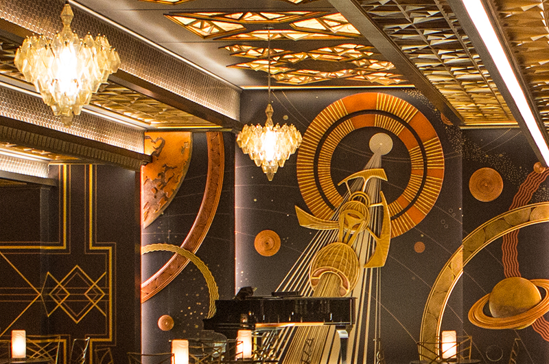 Detail of the wall coverings in Passengers spaceship bar