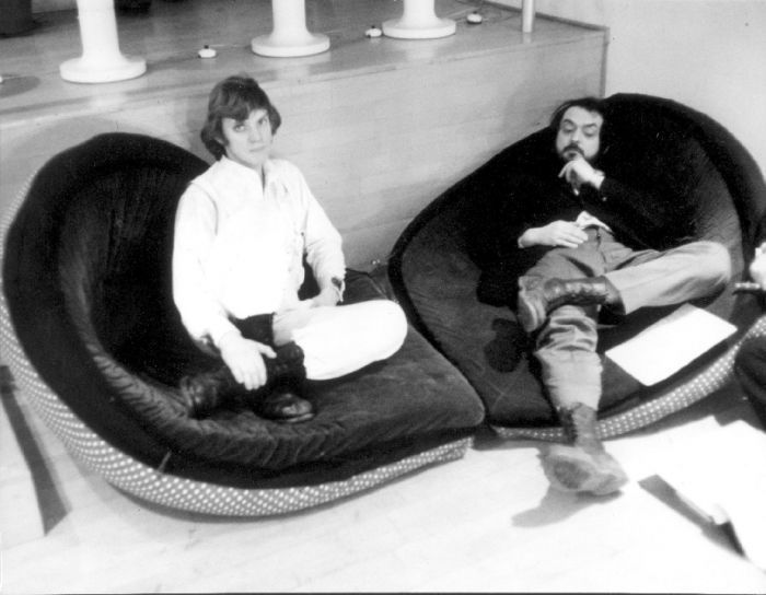 Malcolm McDowell and Stanley Kubrick relaxing mid take in the chair we see in the middle tier of HOME in a Clockwork Orange